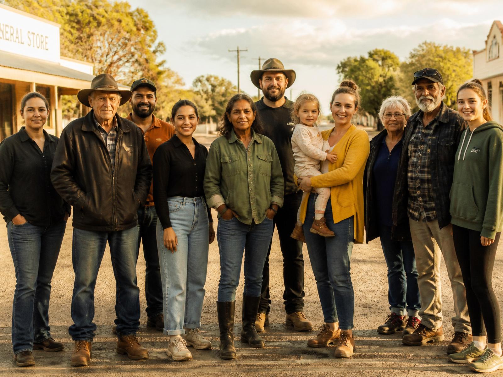 A cross-generational group of rural NSW community members on their local main street